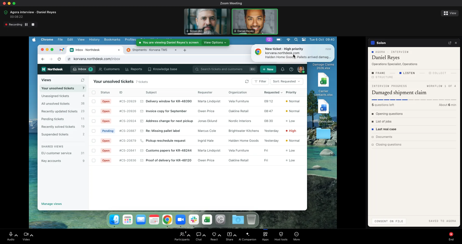 A conversation: the employee shares their screen, Solon shows the remaining questions on the side