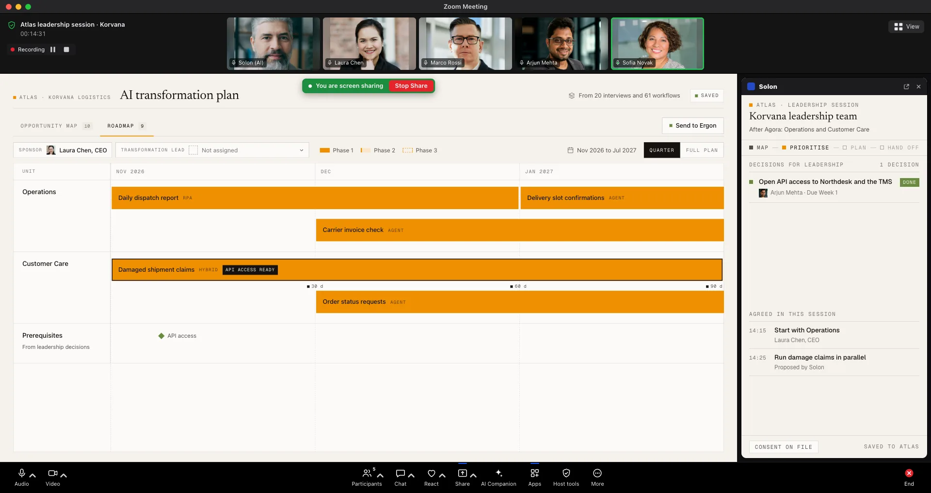 Leadership session: the roadmap is built unit by unit, the decisions are listed on the side